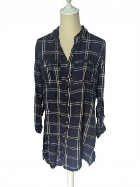 Charlotte Russe Navy Plaid Button Front Tunic Shirt Medium